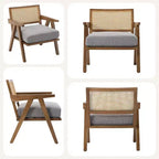 Fauteuil Acekool, dossier en rotin, pieds en bois, coussins épais, fauteuil de salon, chambre ou balcon, lin beige ou flanelle teddy