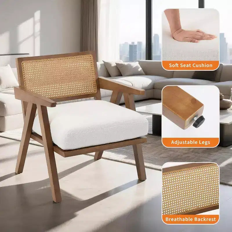 Fauteuil Acekool, dossier en rotin, pieds en bois, coussins épais, fauteuil de salon, chambre ou balcon, lin beige ou flanelle teddy