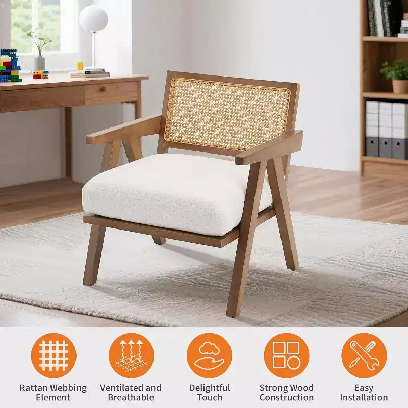 Fauteuil Acekool, dossier en rotin, pieds en bois, coussins épais, fauteuil de salon, chambre ou balcon, lin beige ou flanelle teddy