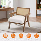 Fauteuil Acekool, dossier en rotin, pieds en bois, coussins épais, fauteuil de salon, chambre ou balcon, lin beige ou flanelle teddy