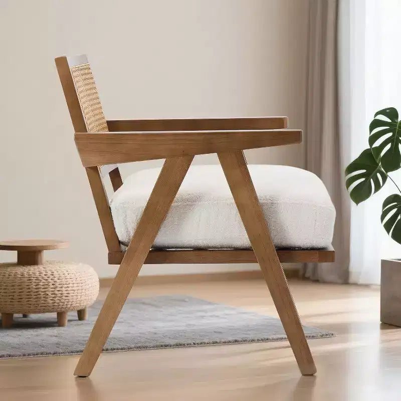 Fauteuil Acekool, dossier en rotin, pieds en bois, coussins épais, fauteuil de salon, chambre ou balcon, lin beige ou flanelle teddy