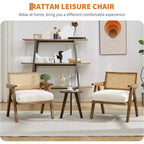 Fauteuil Acekool, dossier en rotin, pieds en bois, coussins épais, fauteuil de salon, chambre ou balcon, lin beige ou flanelle teddy