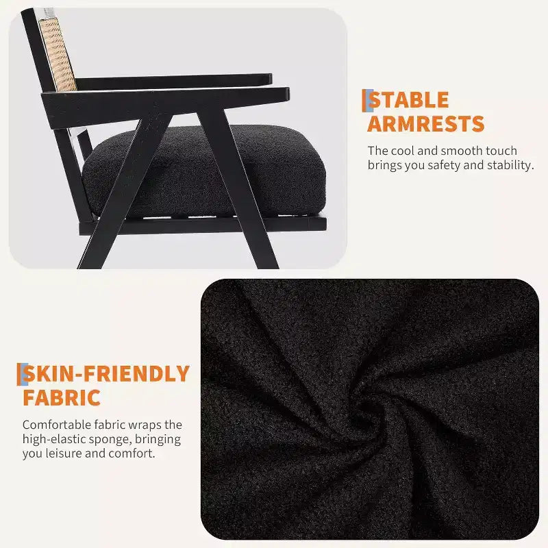 Fauteuil Acekool, dossier en rotin, pieds en bois, coussins épais, fauteuil de salon, chambre ou balcon, lin beige ou flanelle teddy
