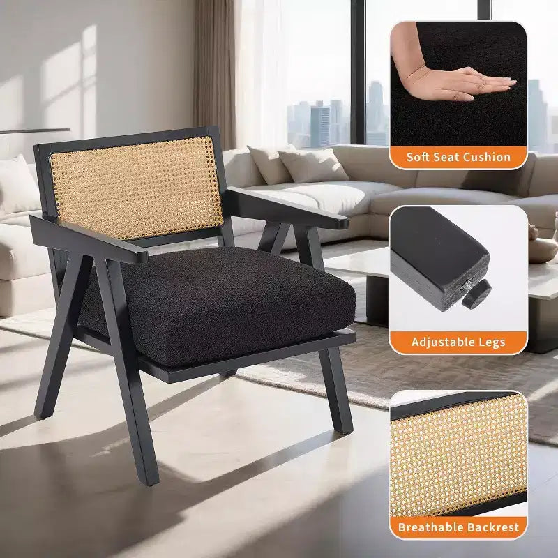 Fauteuil Acekool, dossier en rotin, pieds en bois, coussins épais, fauteuil de salon, chambre ou balcon, lin beige ou flanelle teddy