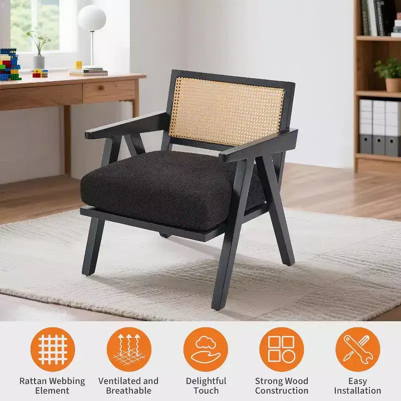 Fauteuil Acekool, dossier en rotin, pieds en bois, coussins épais, fauteuil de salon, chambre ou balcon, lin beige ou flanelle teddy