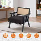 Fauteuil Acekool, dossier en rotin, pieds en bois, coussins épais, fauteuil de salon, chambre ou balcon, lin beige ou flanelle teddy