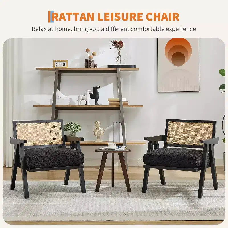 Fauteuil Acekool, dossier en rotin, pieds en bois, coussins épais, fauteuil de salon, chambre ou balcon, lin beige ou flanelle teddy