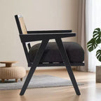 Fauteuil Acekool, dossier en rotin, pieds en bois, coussins épais, fauteuil de salon, chambre ou balcon, lin beige ou flanelle teddy