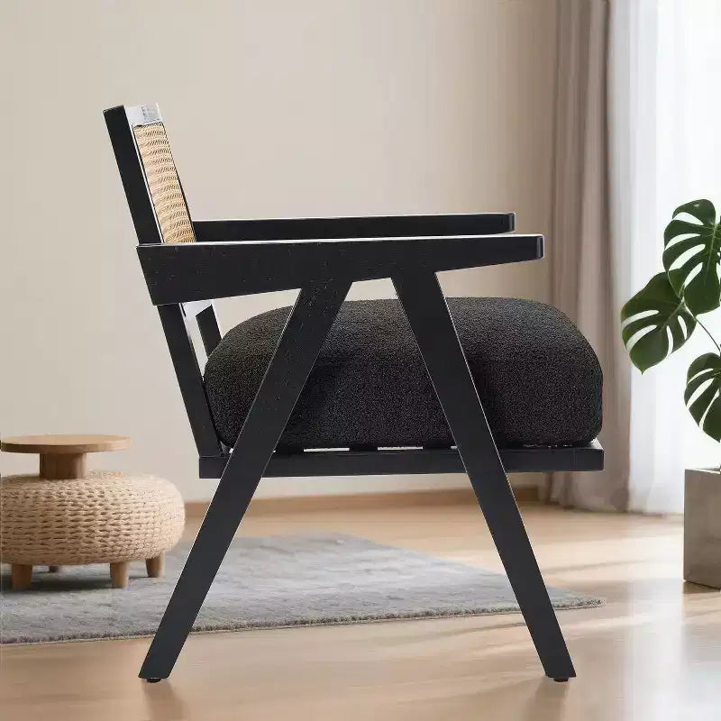 Fauteuil Acekool, dossier en rotin, pieds en bois, coussins épais, fauteuil de salon, chambre ou balcon, lin beige ou flanelle teddy