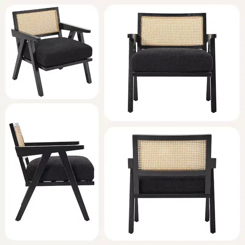 Fauteuil Acekool, dossier en rotin, pieds en bois, coussins épais, fauteuil de salon, chambre ou balcon, lin beige ou flanelle teddy