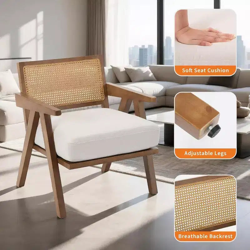 Fauteuil Acekool, dossier en rotin, pieds en bois, coussins épais, fauteuil de salon, chambre ou balcon, lin beige ou flanelle teddy