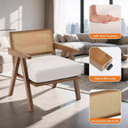 Fauteuil Acekool, dossier en rotin, pieds en bois, coussins épais, fauteuil de salon, chambre ou balcon, lin beige ou flanelle teddy