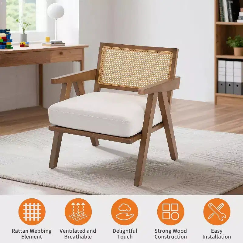 Fauteuil Acekool, dossier en rotin, pieds en bois, coussins épais, fauteuil de salon, chambre ou balcon, lin beige ou flanelle teddy