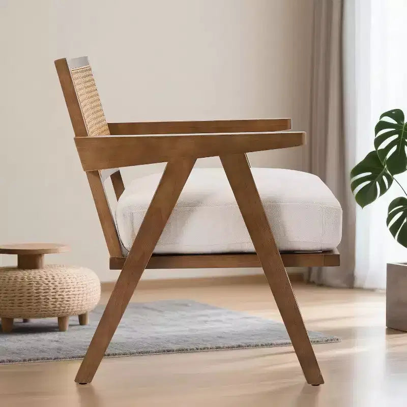 Fauteuil Acekool, dossier en rotin, pieds en bois, coussins épais, fauteuil de salon, chambre ou balcon, lin beige ou flanelle teddy