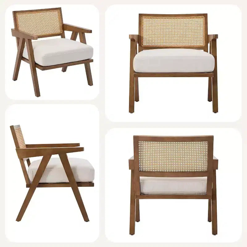 Fauteuil Acekool, dossier en rotin, pieds en bois, coussins épais, fauteuil de salon, chambre ou balcon, lin beige ou flanelle teddy