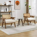 Fauteuil Acekool, dossier en rotin, pieds en bois, coussins épais, fauteuil de salon, chambre ou balcon, lin beige ou flanelle teddy