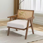 Acekool armchair, rattan back, wooden legs, thick cushions, living room bedroom balcony armchair, beige linen or teddy flannel