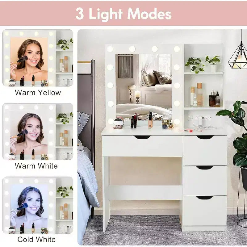 Coiffeuse moderne Acekool avec miroir lumineux, prises électriques, 4 tiroirs, poignées en cristal, éclairage LED réglable, étagères de rangement pour chambre, blanc