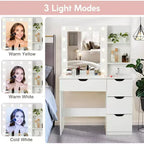 Coiffeuse moderne Acekool avec miroir lumineux, prises électriques, 4 tiroirs, poignées en cristal, éclairage LED réglable, étagères de rangement pour chambre, blanc