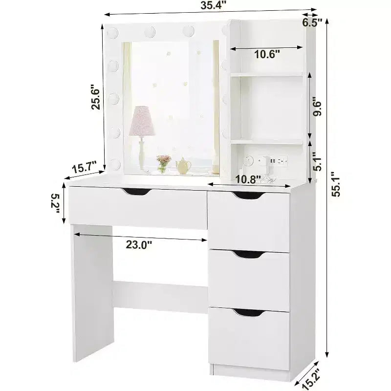 Coiffeuse moderne Acekool avec miroir lumineux, prises électriques, 4 tiroirs, poignées en cristal, éclairage LED réglable, étagères de rangement pour chambre, blanc