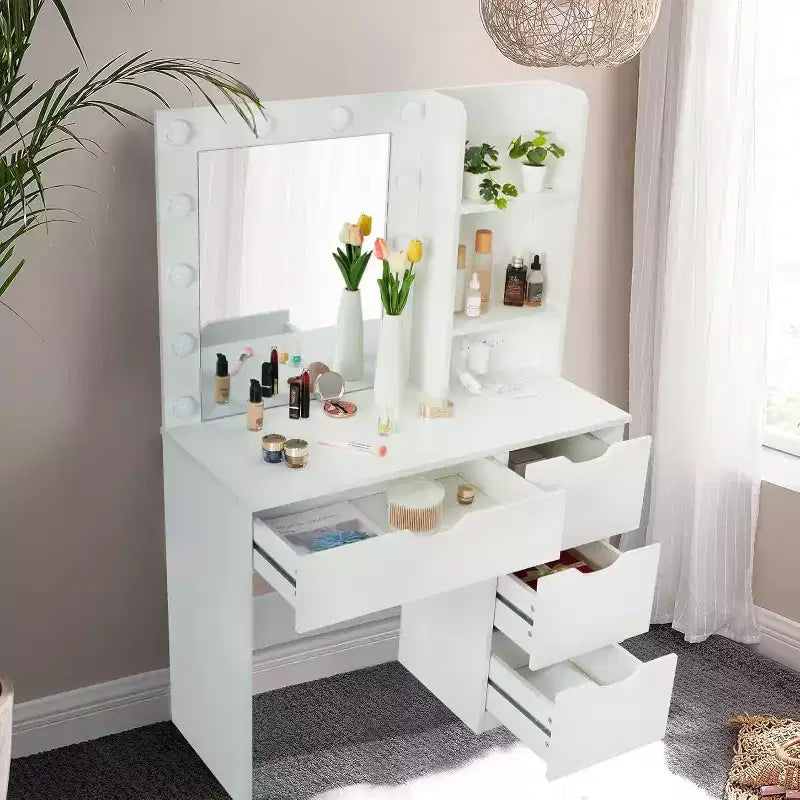 Coiffeuse moderne Acekool avec miroir lumineux, prises électriques, 4 tiroirs, poignées en cristal, éclairage LED réglable, étagères de rangement pour chambre, blanc