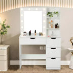 Coiffeuse moderne Acekool avec miroir lumineux, prises électriques, 4 tiroirs, poignées en cristal, éclairage LED réglable, étagères de rangement pour chambre, blanc