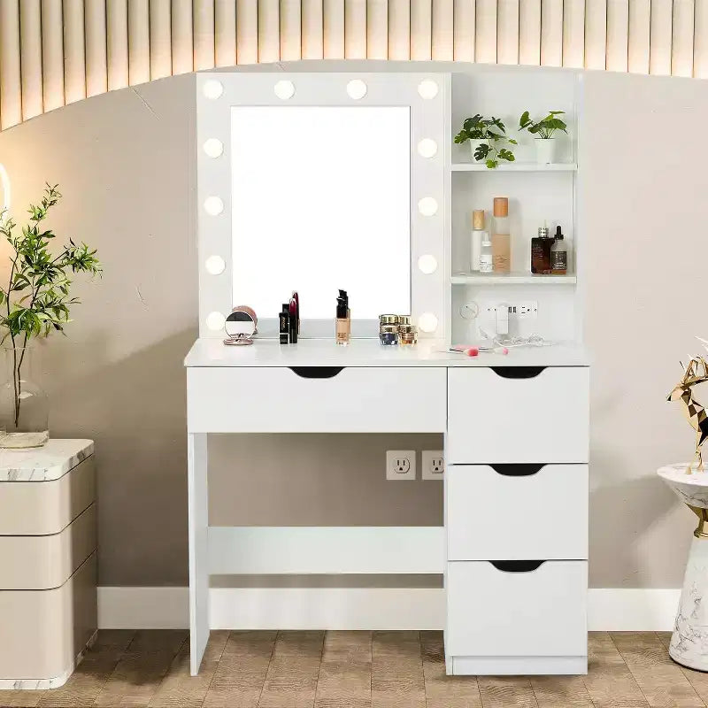 Coiffeuse moderne Acekool avec miroir lumineux, prises électriques, 4 tiroirs, poignées en cristal, éclairage LED réglable, étagères de rangement pour chambre, blanc