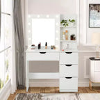 Coiffeuse moderne Acekool avec miroir lumineux, prises électriques, 4 tiroirs, poignées en cristal, éclairage LED réglable, étagères de rangement pour chambre, blanc