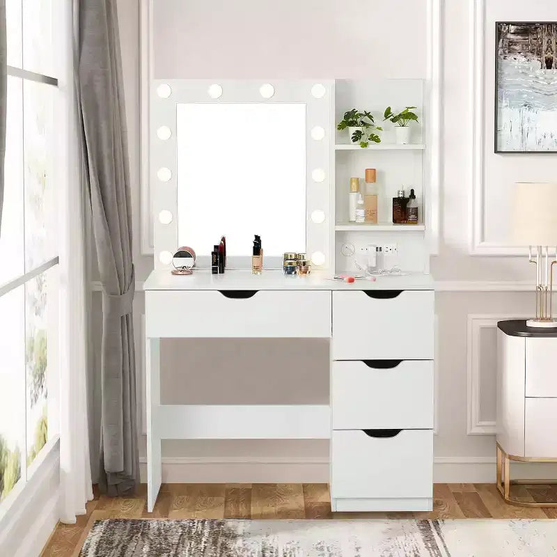 Coiffeuse moderne Acekool avec miroir lumineux, prises électriques, 4 tiroirs, poignées en cristal, éclairage LED réglable, étagères de rangement pour chambre, blanc