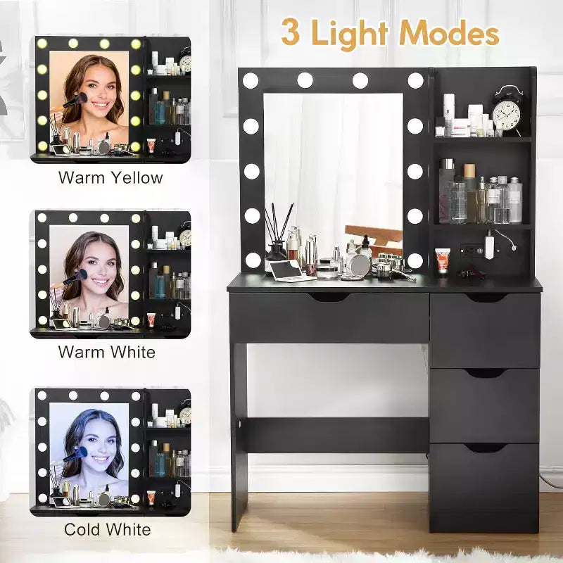 Coiffeuse moderne Acekool avec miroir lumineux, prises électriques, 4 tiroirs, poignées en cristal, éclairage LED réglable, étagères de rangement pour chambre, blanc