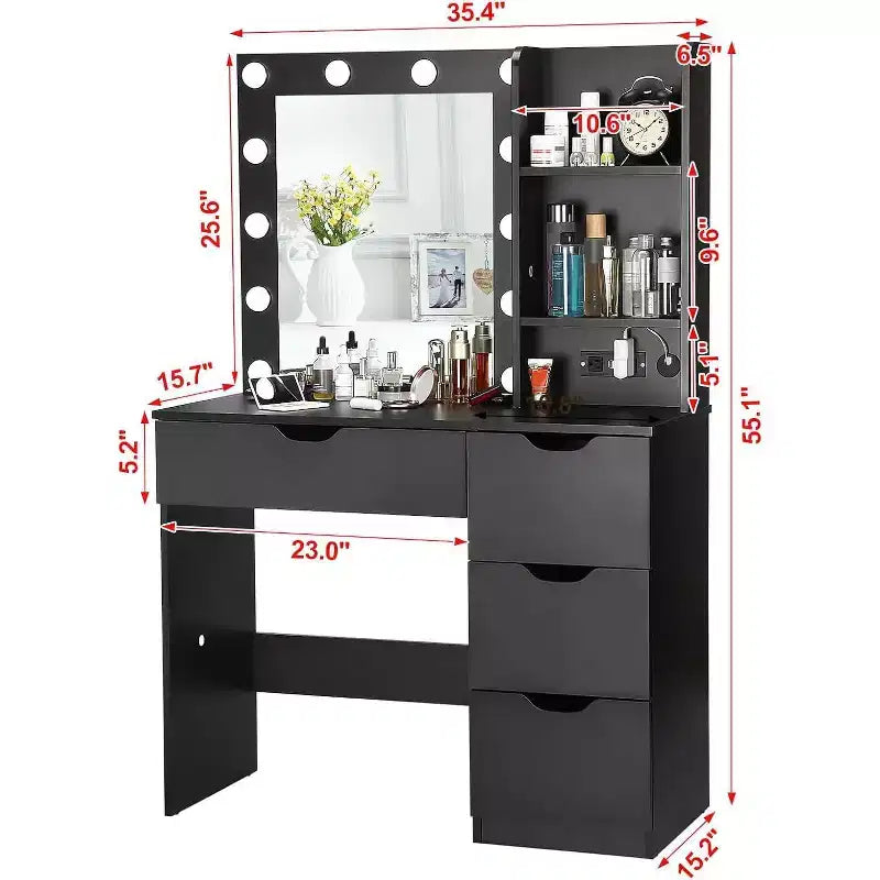 Coiffeuse moderne Acekool avec miroir lumineux, prises électriques, 4 tiroirs, poignées en cristal, éclairage LED réglable, étagères de rangement pour chambre, blanc