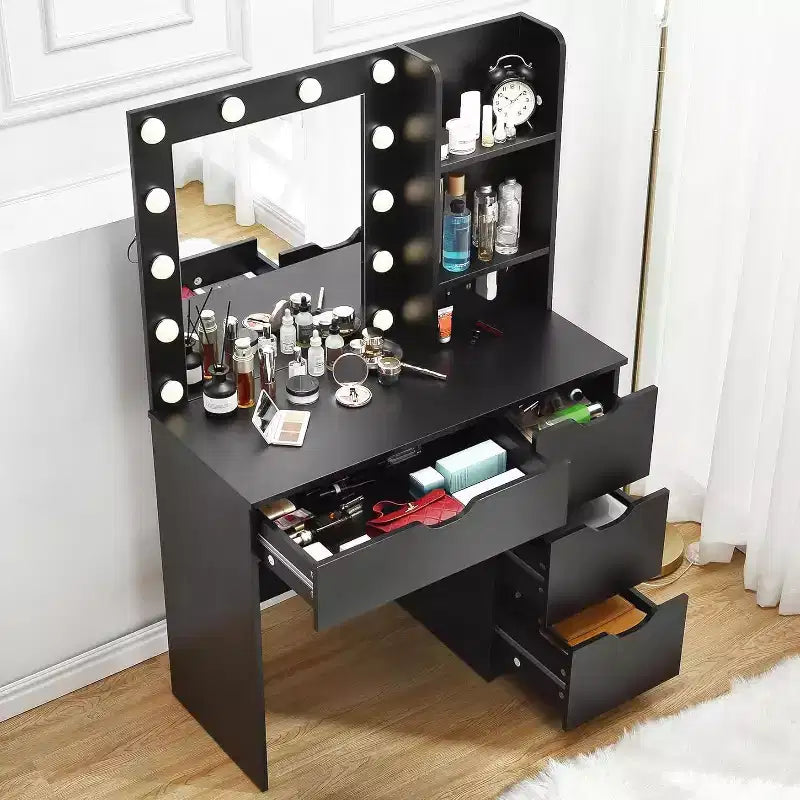 Coiffeuse moderne Acekool avec miroir lumineux, prises électriques, 4 tiroirs, poignées en cristal, éclairage LED réglable, étagères de rangement pour chambre, blanc