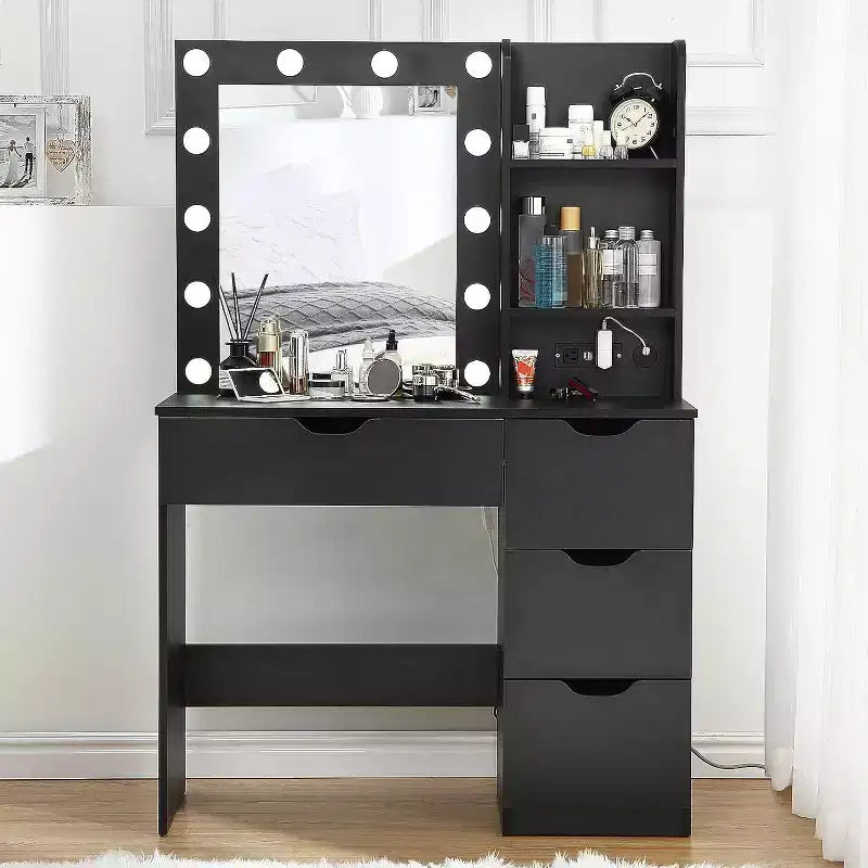 Coiffeuse moderne Acekool avec miroir lumineux, prises électriques, 4 tiroirs, poignées en cristal, éclairage LED réglable, étagères de rangement pour chambre, blanc