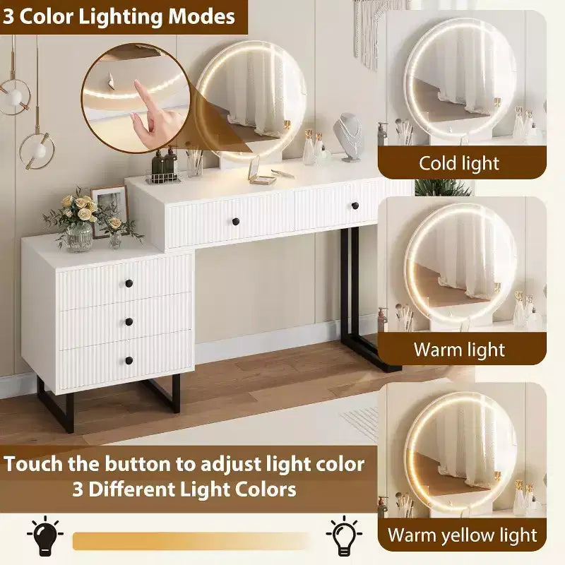 Coiffeuse blanche Acekool avec miroir et lumières, table de maquillage moderne avec 5 tiroirs, LED 3 couleurs, luminosité réglable pour chambre à coucher