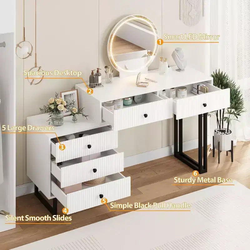 Coiffeuse blanche Acekool avec miroir et lumières, table de maquillage moderne avec 5 tiroirs, LED 3 couleurs, luminosité réglable pour chambre à coucher