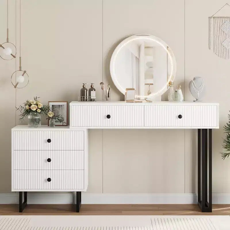 Coiffeuse blanche Acekool avec miroir et lumières, table de maquillage moderne avec 5 tiroirs, LED 3 couleurs, luminosité réglable pour chambre à coucher