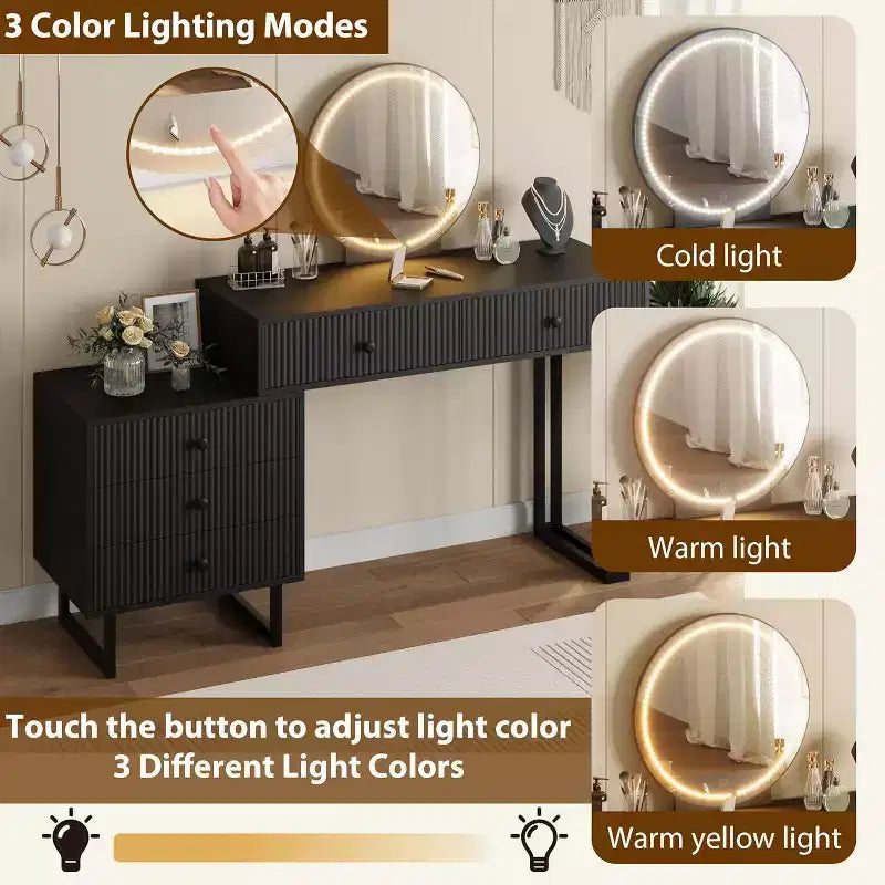 Coiffeuse blanche Acekool avec miroir et lumières, table de maquillage moderne avec 5 tiroirs, LED 3 couleurs, luminosité réglable pour chambre à coucher