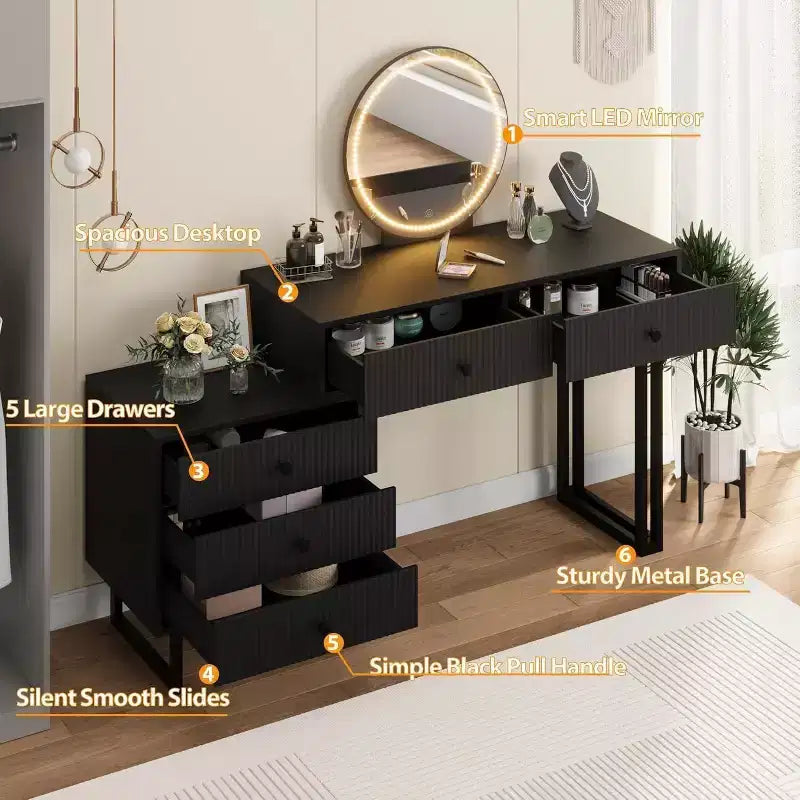 Coiffeuse blanche Acekool avec miroir et lumières, table de maquillage moderne avec 5 tiroirs, LED 3 couleurs, luminosité réglable pour chambre à coucher