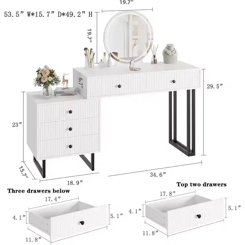 Coiffeuse blanche Acekool avec miroir et lumières, table de maquillage moderne avec 5 tiroirs, LED 3 couleurs, luminosité réglable pour chambre à coucher