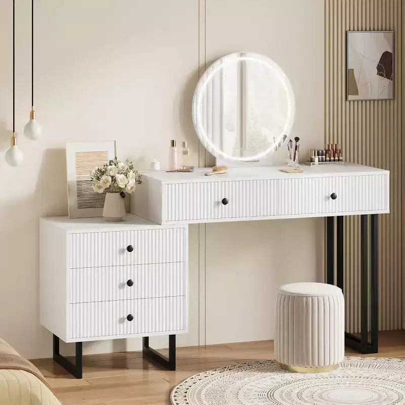 Coiffeuse blanche Acekool avec miroir et lumières, table de maquillage moderne avec 5 tiroirs, LED 3 couleurs, luminosité réglable pour chambre à coucher