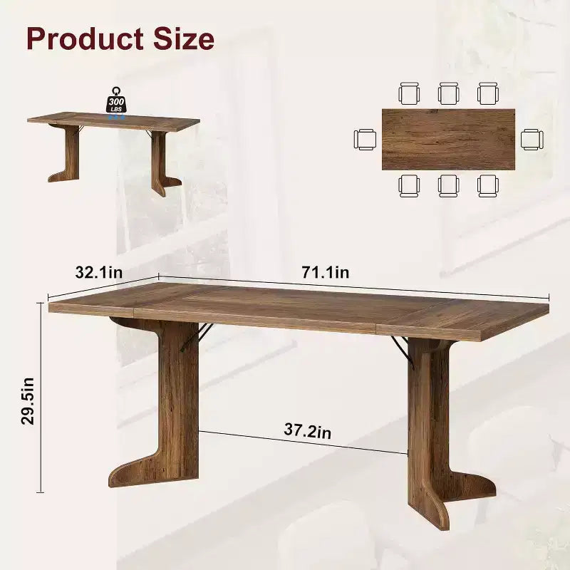 Grande table à manger en bois de style ferme pour 6-8 personnes, table de cuisine rectangulaire avec plateau rembourré et pieds distinctifs en forme de V