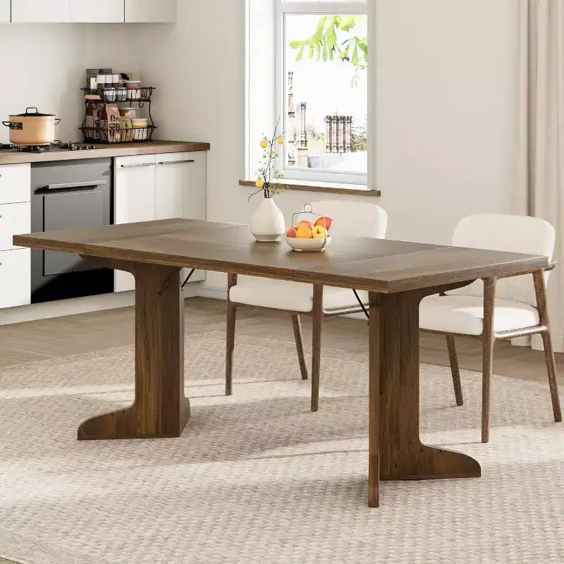 Grande table à manger en bois de style ferme pour 6-8 personnes, table de cuisine rectangulaire avec plateau rembourré et pieds distinctifs en forme de V