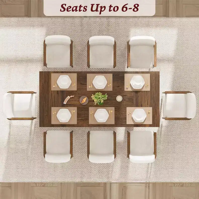Grande table à manger en bois de style ferme pour 6-8 personnes, table de cuisine rectangulaire avec plateau rembourré et pieds distinctifs en forme de V
