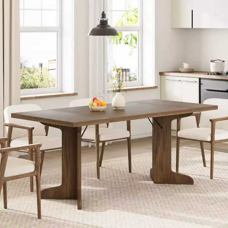 Grande table à manger en bois de style ferme pour 6-8 personnes, table de cuisine rectangulaire avec plateau rembourré et pieds distinctifs en forme de V