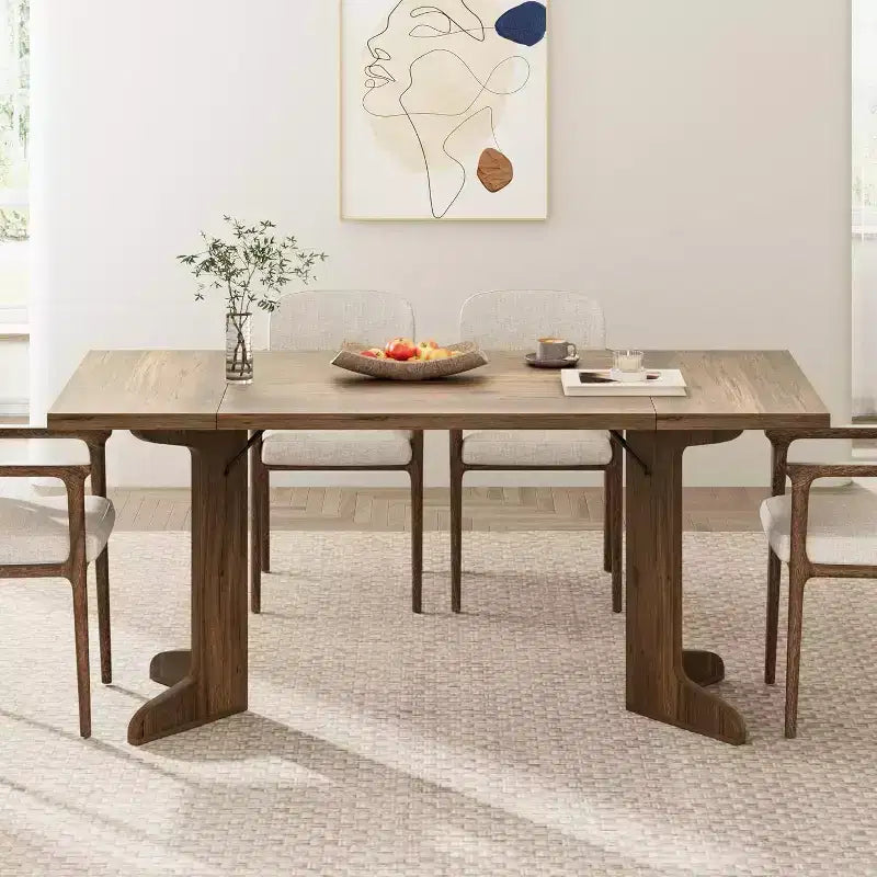 Grande table à manger en bois de style ferme pour 6-8 personnes, table de cuisine rectangulaire avec plateau rembourré et pieds distinctifs en forme de V