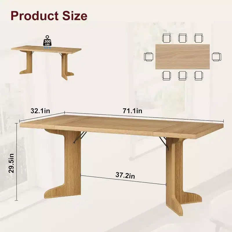 Grande table à manger en bois de style ferme pour 6-8 personnes, table de cuisine rectangulaire avec plateau rembourré et pieds distinctifs en forme de V