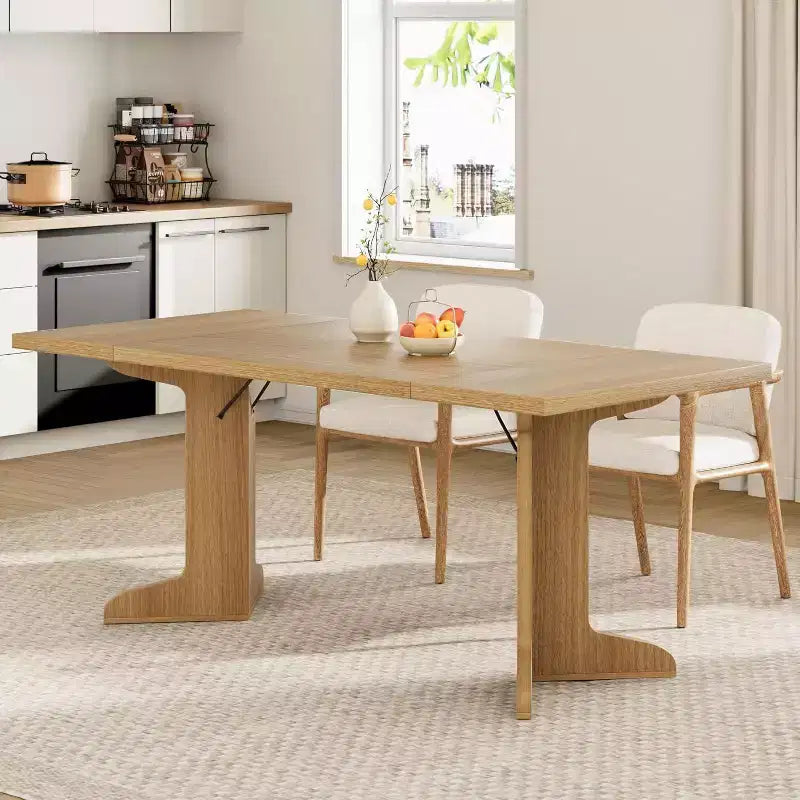 Grande table à manger en bois de style ferme pour 6-8 personnes, table de cuisine rectangulaire avec plateau rembourré et pieds distinctifs en forme de V