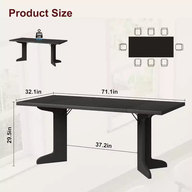 Grande table à manger en bois de style ferme pour 6-8 personnes, table de cuisine rectangulaire avec plateau rembourré et pieds distinctifs en forme de V