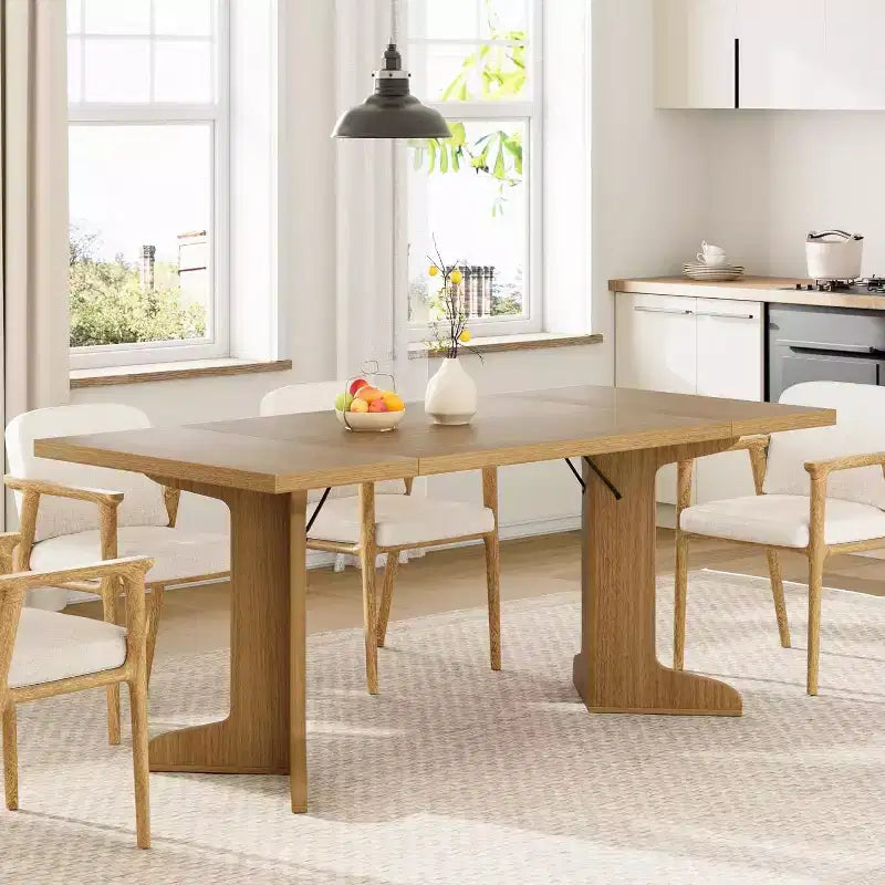 Grande table à manger en bois de style ferme pour 6-8 personnes, table de cuisine rectangulaire avec plateau rembourré et pieds distinctifs en forme de V