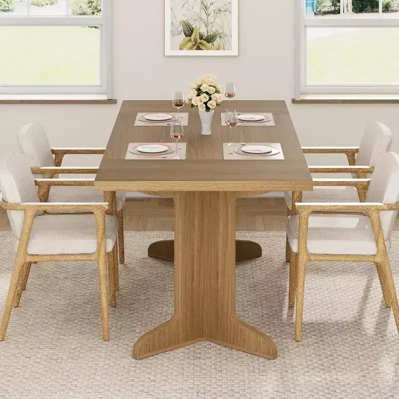 Grande table à manger en bois de style ferme pour 6-8 personnes, table de cuisine rectangulaire avec plateau rembourré et pieds distinctifs en forme de V